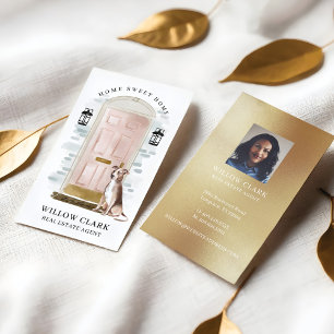 Carte De Visite Aquarelle rose Porte avant Chien agent immobilier