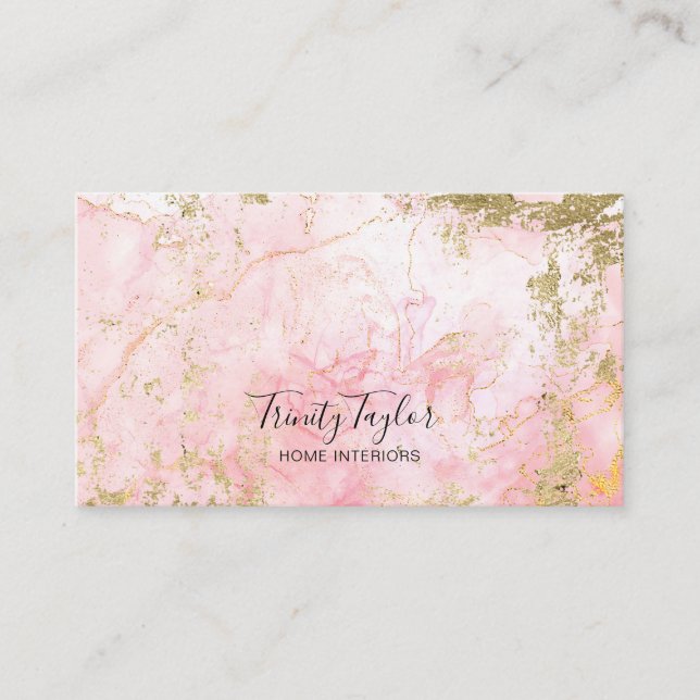 Carte De Visite Aquarelle Rose Quartz & Faux Gold Foil (Devant)