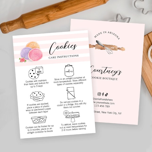 Carte De Visite Aquarelle rose rose rose féminin Cookies d'art Soi (Elegant cookies care & storage instructions cards with bakery watercolor art and care icons)