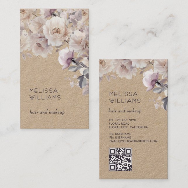 Carte De Visite Aquarelle Roses Délicates Rustiques | Code Qr (Devant / Derrière)