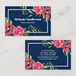 Carte De Visite Aquarelle Rouge et rose Fleurs sur bleu marine fon