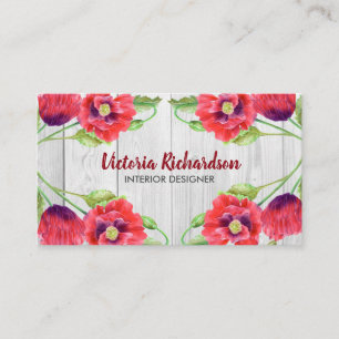 Carte De Visite Aquarelle Rouge Poppies Gris Bois Motif