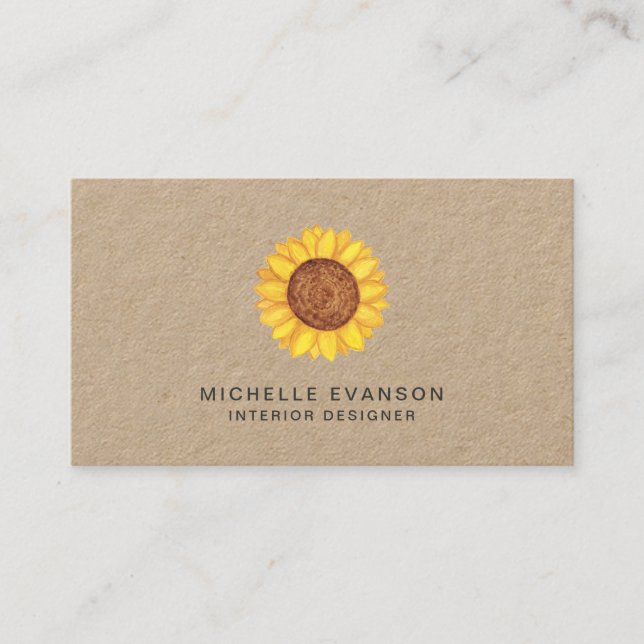 Carte De Visite Aquarelle rustique Yellow Sunflower Logo Kraft (Devant)