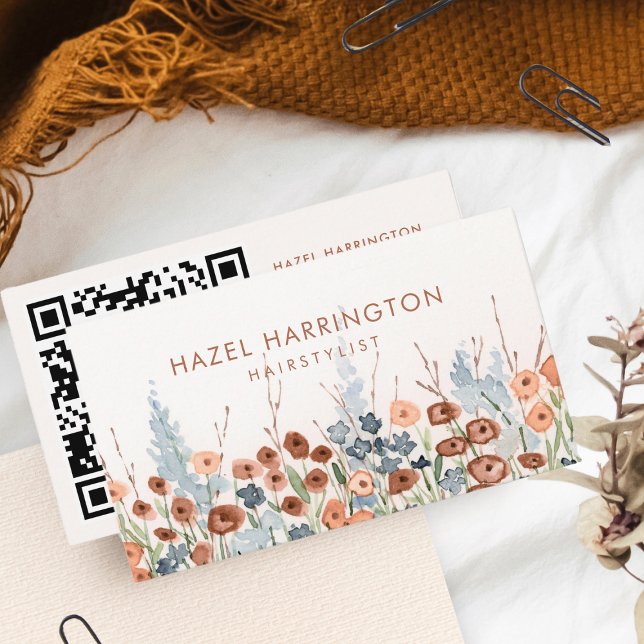 Carte De Visite Aquarelle scannable QR Code Floral Boho tendance (Créateur téléchargé)