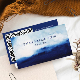 Carte De Visite Aquarelle scannante QR Code Moody Marine Blue