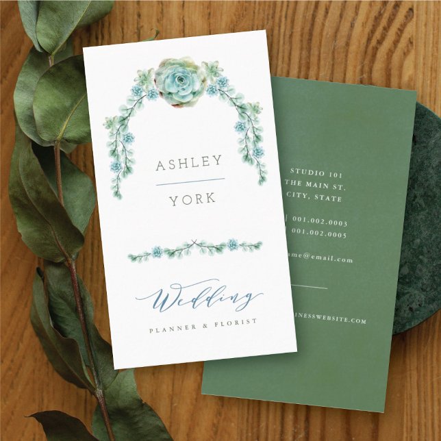 Carte De Visite Aquarelle Succulent Floral Jardin Planificateur de (Watercolor Succulent Floral Garden Wedding Planner Business Card @ fatfatin_blue_knot)