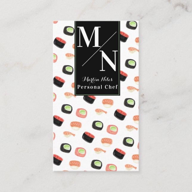 Carte De Visite Aquarelle Sushi Asiatique Chef Cuisine maison (Devant)