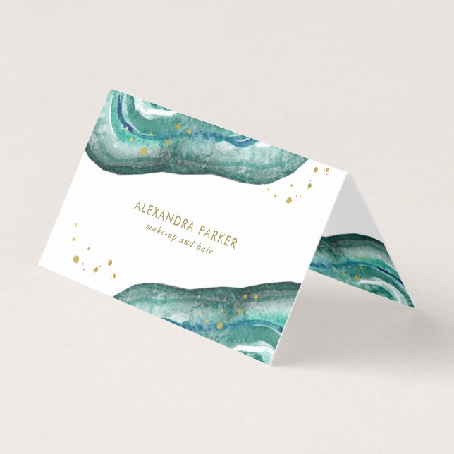Carte De Visite Aquarelle Teal et or Geode de Faux (Devant)