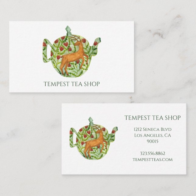 Carte De Visite Aquarelle Teapot Deer Floral Tea Shop Café Classé (Devant / Derrière)