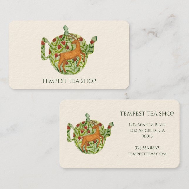 Carte De Visite Aquarelle Teapot Deer Floral Tea Shop Café Crème (Devant / Derrière)
