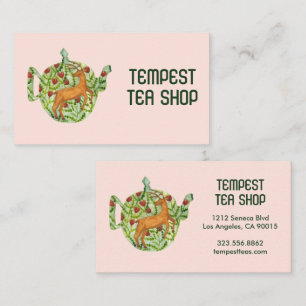 Carte De Visite Aquarelle Teapot Deer Floral Tea Shop Café Herbal