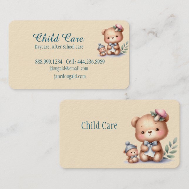 Carte De Visite Aquarelle Teddy Ours Enfant Mineurs Baby-sitting (Devant / Derrière)