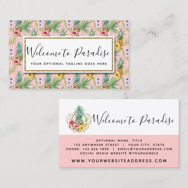 Carte De Visite Aquarelle Tropicale Ananas & Hibiscus Fleurs (Devant / Derrière)