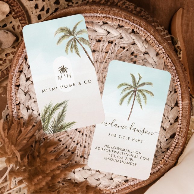 Carte De Visite Aquarelle tropicale Palmiers Boho Monogramme (Tropical Watercolor Palm Trees Boho Monogram Business Card)