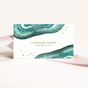 Carte De Visite Aquarelle Turquoise et Géode d'or Faux