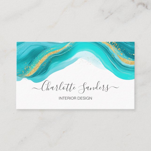 Carte De Visite Aquarelle turquoise et or moderne Liquide Aquarell (Devant)