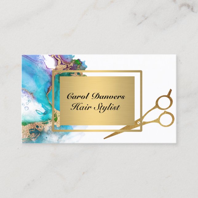 Carte De Visite Aquarelle Turquoise Gold Foil Marbre coiffeuse (Devant)