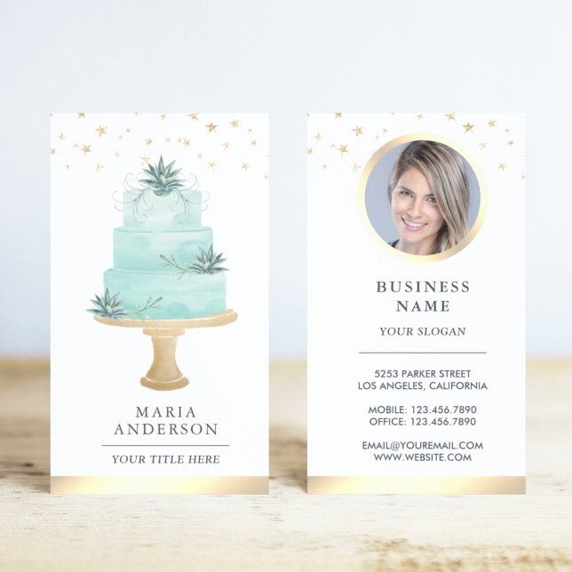 Carte De Visite Aquarelle turquoise Succulente pâtisserie Chef bou (Créateur téléchargé)