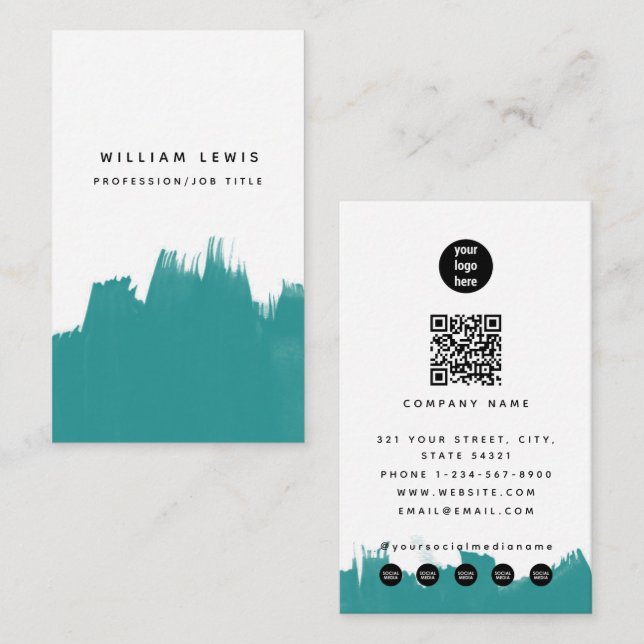 Carte De Visite Aquarelle Turquoise Turquoise QR Code Social Media (Devant / Derrière)