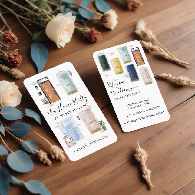 Carte De Visite Aquarelle unique Portes avant Immobilier (Unique Watercolor Front Doors Real Estate Property Business Card)