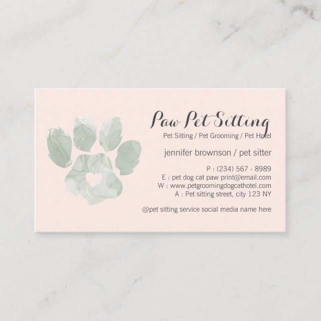 Carte De Visite Aquarelle VERT rose Pet Sitter Grossissant Paw (Devant)