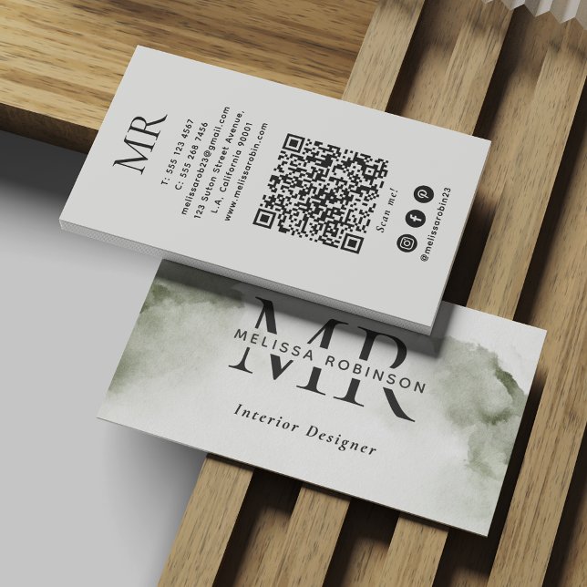 Carte De Visite Aquarelle verte abstraite avec monogramme et code  (Créateur téléchargé)