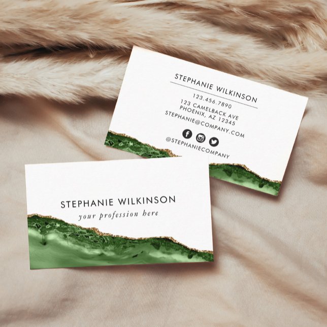 Carte De Visite Aquarelle verte et bordure or (Green Agate & Gold Border Watercolor Business Car Business Card)