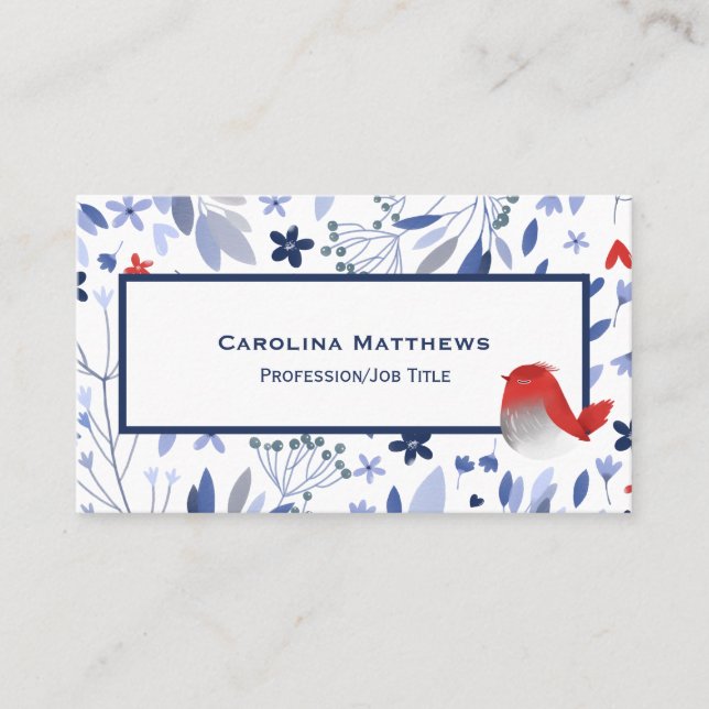 Carte De Visite Aquarelle vintage bleu Oiseau rouge (Devant)