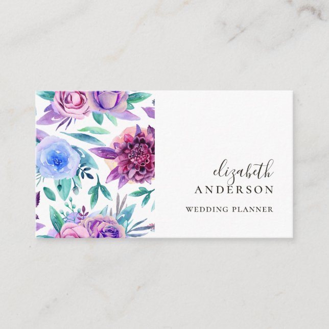 Carte De Visite Aquarelle violet bleu fleuri professionnel (Devant)
