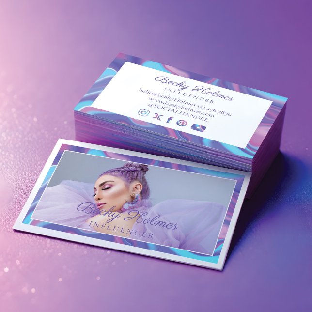 Carte De Visite Aquarelle violet et bleu Design holographique Beau (Purple & Blue Watercolor Holographic Design Beauty Business Card)