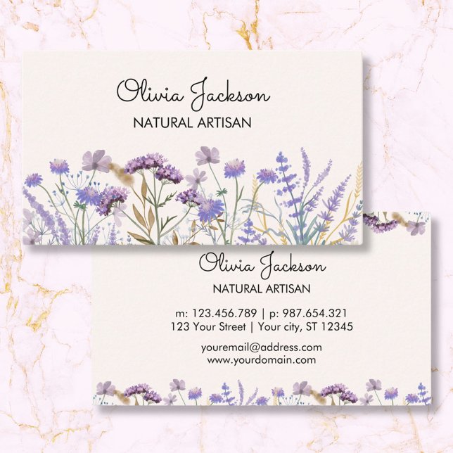 Carte De Visite Aquarelle violet Fleur sauvage Meadow (Front and Back)