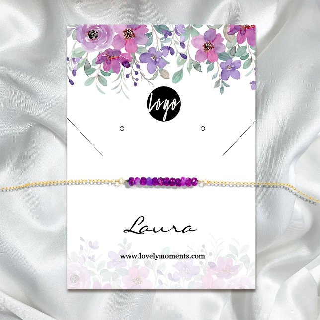 Carte De Visite Aquarelle violet Florals écran d'oreille (Watercolor Purple Florals earring display Business Card #zazzlemade #purpleflowers #watercolorflower)