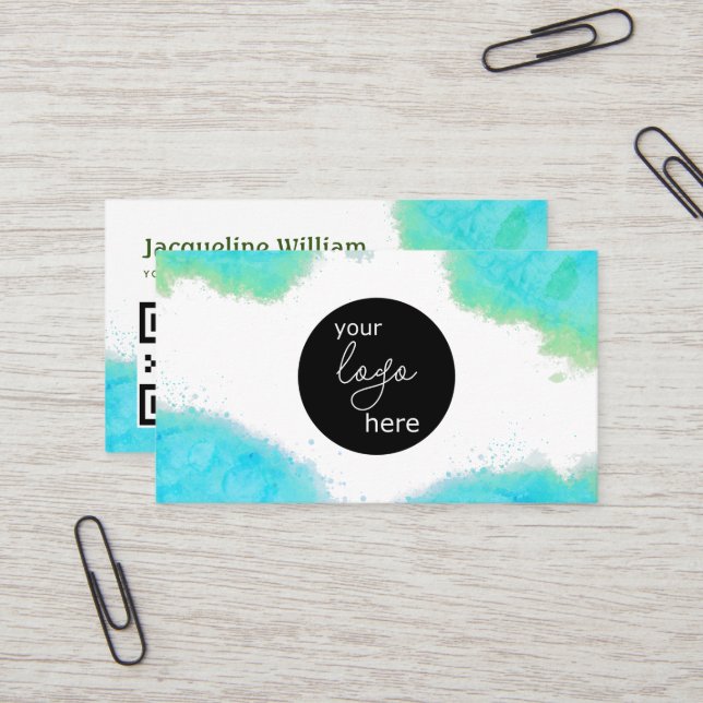 Carte De Visite Aquarelle Vive Aqua Logo personnalisé Code QR (Devant/Arrière en situation)