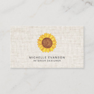 Carte De Visite Aquarelle Yellow Sunflower Logo sur lin rustique