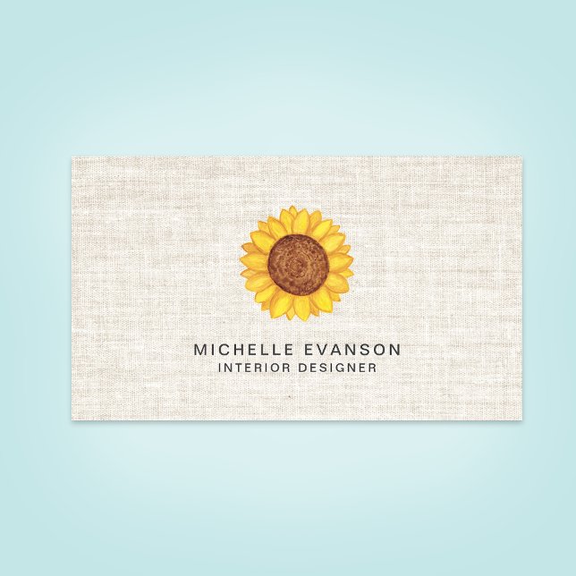 Carte De Visite Aquarelle Yellow Sunflower Logo sur lin rustique (Créateur téléchargé)