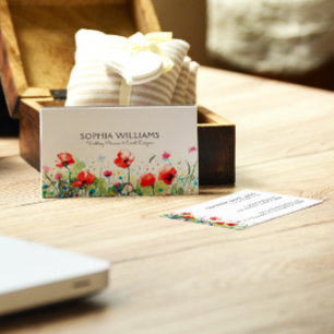 Carte De Visite Aquarelles colorées Fleurs & Coquelicots rouges