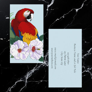 Carte De Visite Ara Macao Rouge Perroquet Tropical Blanc Hibiscus 