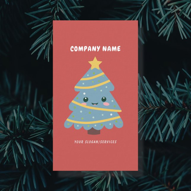 Carte De Visite Arbre de Noël mignon Rouge Vertical (Cute Christmas Tree Business Card)