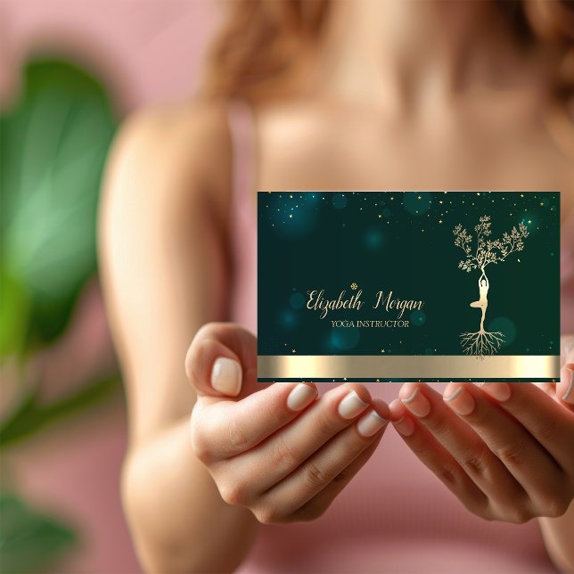 Carte De Visite Arbre doré silhouette de femmes professeur de yoga (Créateur téléchargé)