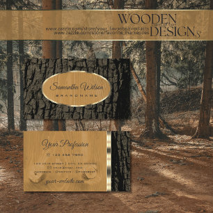 Carte De Visite Arbre Rustique Naturel Barre Grain Ovale Gold Bord