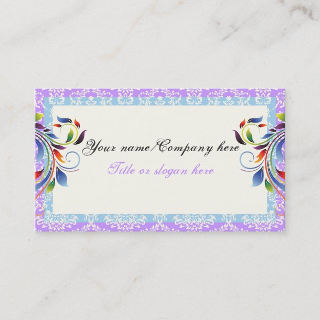 Carte De Visite Arc-en-ciel feuille bleu pourpre bordures damées (Devant)