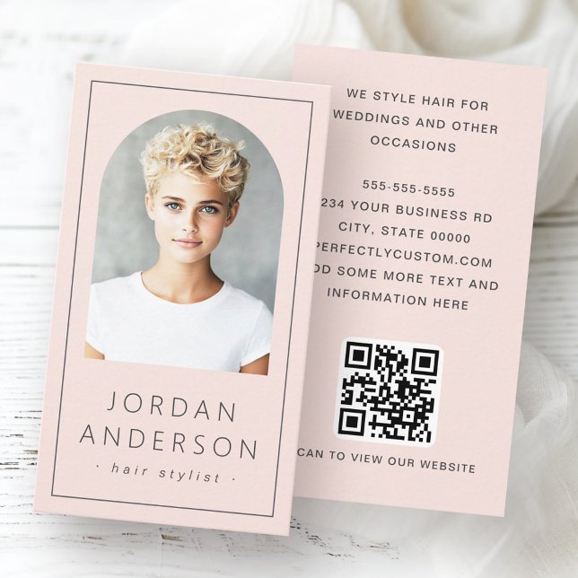 Carte De Visite Arc moderne photo fine bordure code QR clair rose (Modern arch photo thin border QR code light pink Business Card)