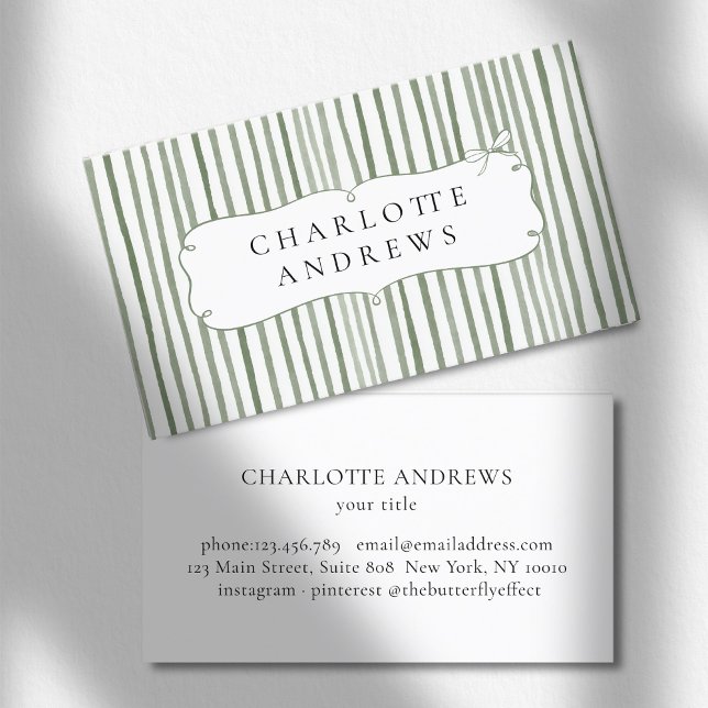 Carte De Visite Arc vert blanc vintage  (Green White Stripe Vintage Bow Business Card)