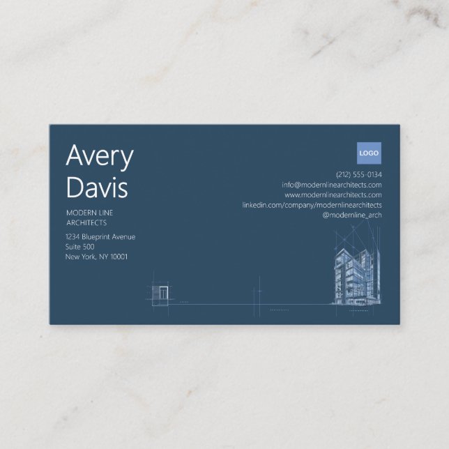Carte De Visite Architecte Moderne Bleu Marine & Blueprint Minimal (Devant)