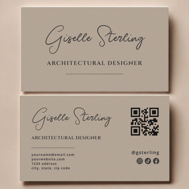 Carte De Visite Architectura Designer Neutral Taupe Script QR Code (Créateur téléchargé)