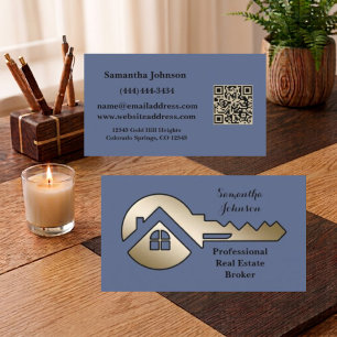 Carte De Visite Ardoise Bleue Fantaisie avec Code QR de Clé en Or 