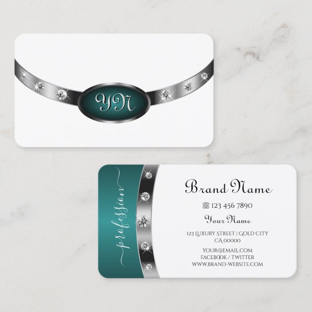 Carte De Visite Argent blanc moderne Turquoise Faux Diamants Monog (Devant / Derrière)
