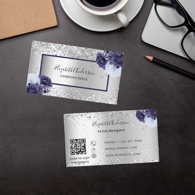 Carte De Visite Argent bleu marine florales élégant code QR (Créateur téléchargé)