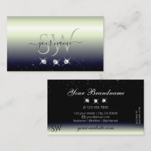 Carte De Visite Argent Bleu Noir Gradient Bijoux étincelants Monog