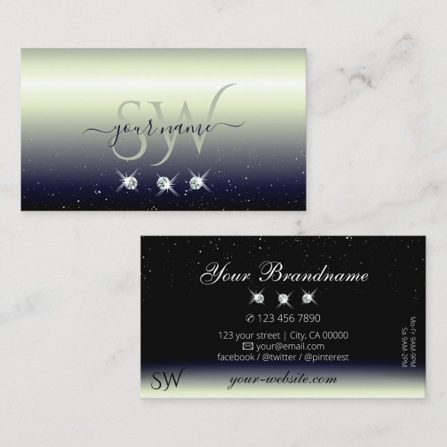 Carte De Visite Argent Bleu Noir Gradient Bijoux étincelants Monog (Devant / Derrière)